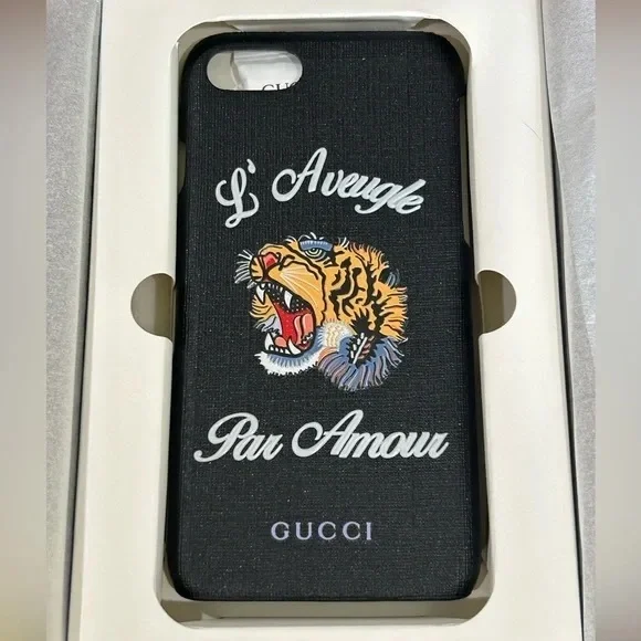 (CFL) Gucci Black Coated Canvas L'Aveugle Par Amour iPhone 7 Case, New in Box